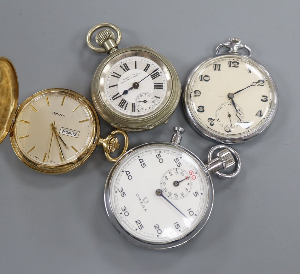 A chrome cased Omega stopwatch and three assorted pocket watches.